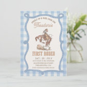 Vintage Blauwe Gingham Eerste Rodeo Kaart (Staand voorkant)