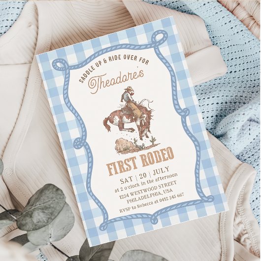Vintage Blauwe Gingham Eerste Rodeo Kaart