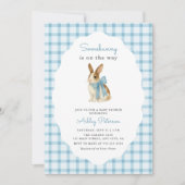 Vintage Blauwe Gingham Konijn Jongens Baby Shower Kaart (Voorkant)