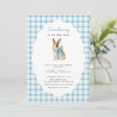 Vintage Blauwe Gingham Konijn Jongens Baby Shower Kaart (Staand voorkant)