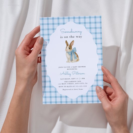 Vintage Blauwe Gingham Konijn Jongens Baby Shower Kaart