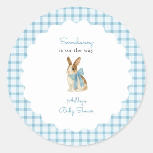 Vintage Blauwe Gingham Konijn Jongens Baby Shower Ronde Sticker
