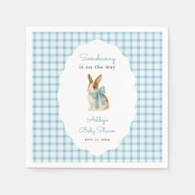 Vintage Blauwe Gingham Konijn Jongens Baby Shower