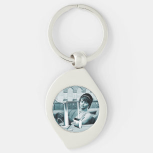 Vintage Blauwe Glamour Vrouwenportret Kunst Sleutelhanger