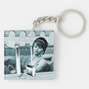 Vintage Blauwe Glamour Vrouwenportret Kunst Sleutelhanger