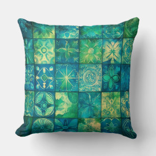 Vintage Blauwe Groene Geometrische Mozaïek Kussen