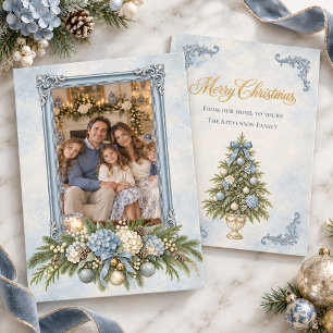 Vintage Blauwe Hortensia Gouden Kerst Foto Feestdagenkaart