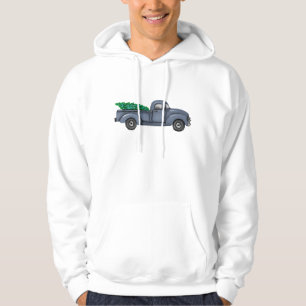 Vintage Blauwe Kerstboom Truck Hoodie