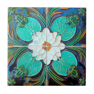 Vintage Blauwe Lotus Kikker Portugese Tegeltje