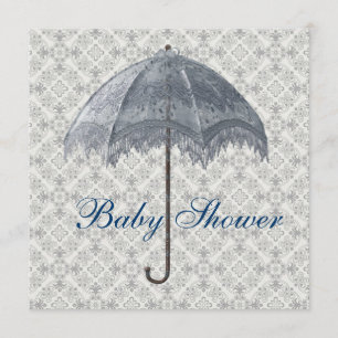 Vintage Blauwe Parasol Damast Jongens Baby Shower Kaart