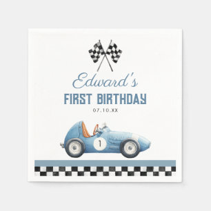 Vintage Blauwe Raceauto 1e Verjaardag Servet