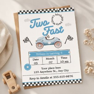 Vintage Blauwe Raceauto "Two Fast" 2de Verjaardag Kaart
