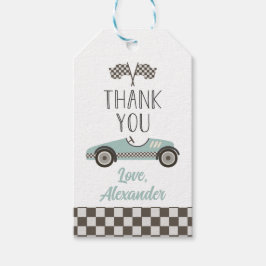 Vintage blauwe raceauto verjaardag bedankt cadeaulabel
