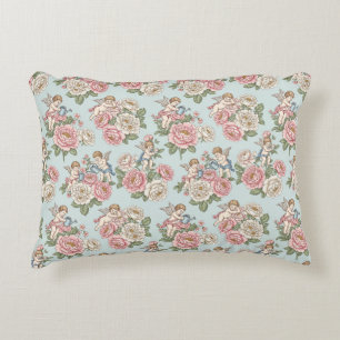 Vintage Blauwe & Roze Coquette Cherub Engel Roos Accent Kussen