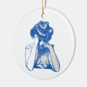 Vintage Blauwe Schets Vrouw Portret Acryl Sleutelh Keramisch Ornament