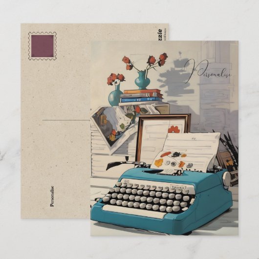 Vintage Blauwe Schrijfmachine Bureaublad Persoonli Briefkaart (Voorkant / Achterkant)