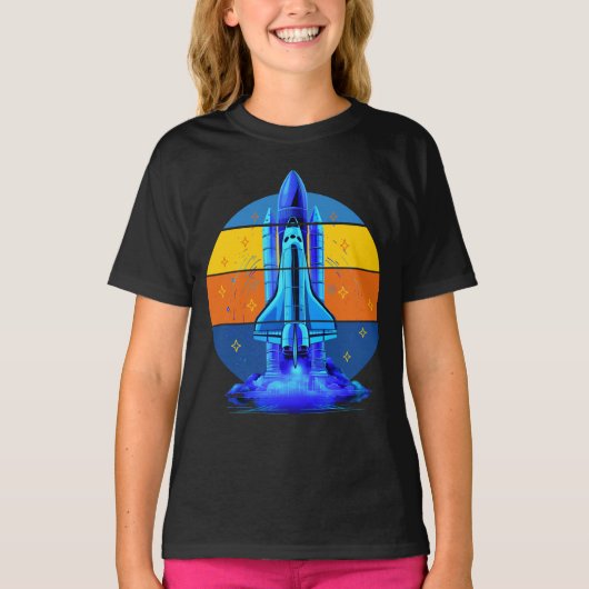 Vintage Blauwe Spaceshuttle Ruimteschip T-shirt (Voorkant)