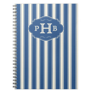 Vintage blauwe strepen Elegante drieletterige mono Notitieboek