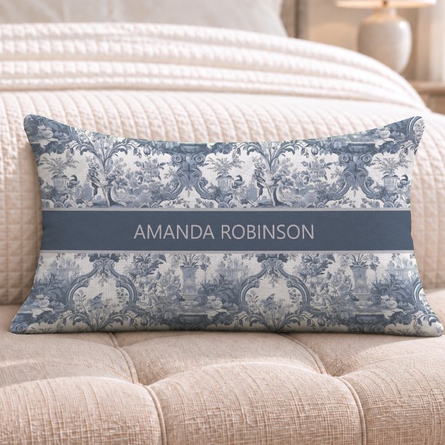Vintage Blauwe Toile Bloemendamask Monogram Kussen (Creator heeft geüpload)