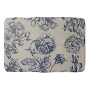 Vintage Blauwe Toile Botanische Bloem Motief Badmat