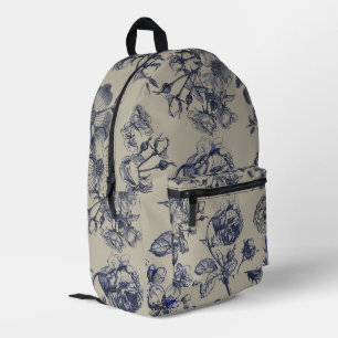 Vintage Blauwe Toile Botanische Bloem Motief Bedrukte Rugzak
