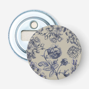 Vintage Blauwe Toile Botanische Bloem Motief Button Flesopener