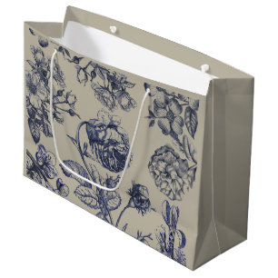 Vintage Blauwe Toile Botanische Bloem Motief Groot Cadeauzakje
