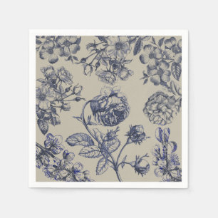 Vintage Blauwe Toile Botanische Bloem Motief Servet