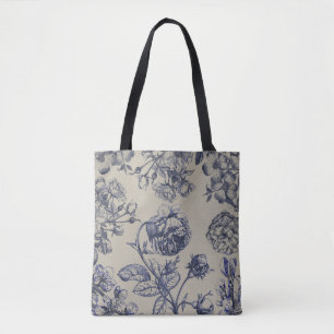 Vintage Blauwe Toile Botanische Bloem Motief Tote Bag
