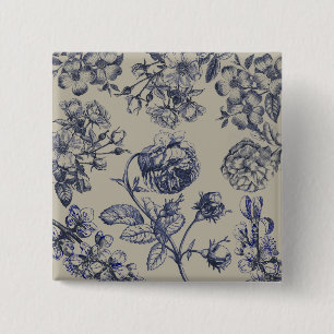 Vintage Blauwe Toile Botanische Bloem Motief Vierkante Button 5,1 Cm