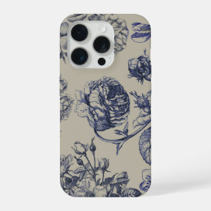Vintage blauwe toile botanische bloem telefoonhoes iPhone 15 pro case
