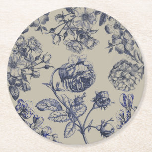 Vintage Blauwe Toile Botanische Bloemige Antieke P Ronde Kartonnen Onderzetter