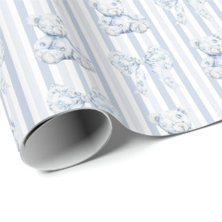 Vintage Blauwe Toile & Strepen Jongens Babyfeestje Cadeaupapier