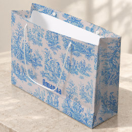 Vintage Blauwe Turquoise Bloem Toile Monogram Groot Cadeauzakje