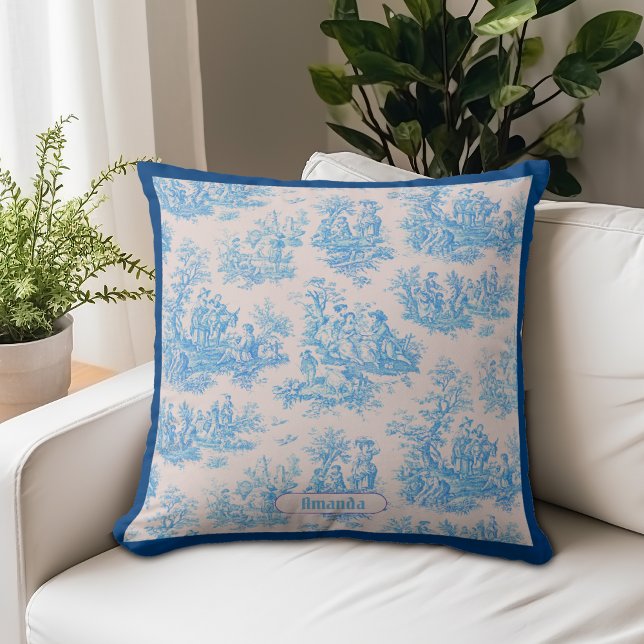 Vintage Blauwe Turquoise Toile Bloemige Monogram Kussen (Creator heeft geüpload)