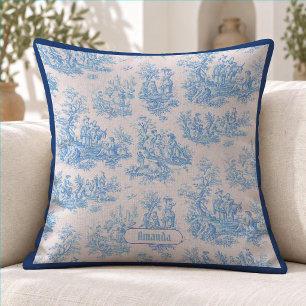 Vintage Blauwe Turquoise Toile Bloemige Monogram Kussen