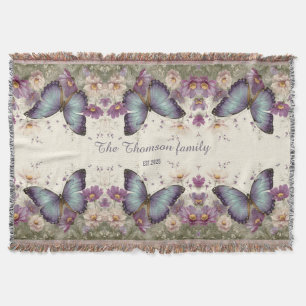 Vintage Blauwe Vlinder en Bloemen voor Familie Deken