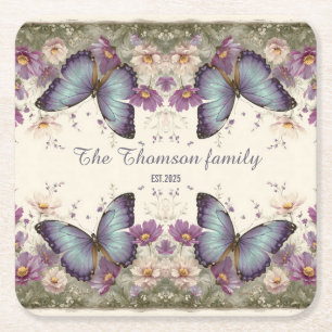 Vintage Blauwe Vlinder en Bloemen voor Familie Kartonnen Onderzetters