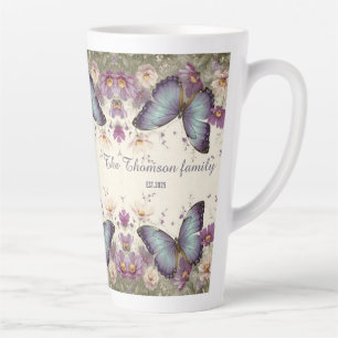 Vintage Blauwe Vlinder en Bloemen voor Familie Latte Mok