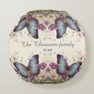 Vintage Blauwe Vlinder en Bloemen voor Familie Rond Kussen