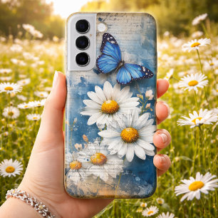 Vintage Blauwe Vlinder en Madeliefjes – Cottagecor Samsung Galaxy Hoesje