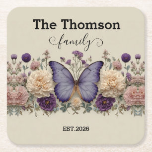 Vintage Blauwe Vlinder met Bloemen voor Familie Kartonnen Onderzetters