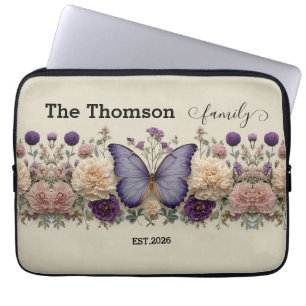 Vintage Blauwe Vlinder met Bloemen voor Familie Laptop Sleeve
