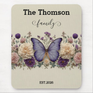 Vintage Blauwe Vlinder met Bloemen voor Familie Muismat