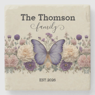 Vintage Blauwe Vlinder met Bloemen voor Familie Stenen Onderzetter