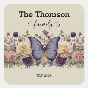 Vintage Blauwe Vlinder met Bloemen voor Familie Vierkante Sticker