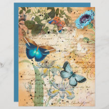 Vintage Blauwe Vlinders en Bloemen Scrapbook Pap