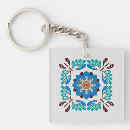 vintage blauwe vlinders en rozet sleutelhanger (voorkant)