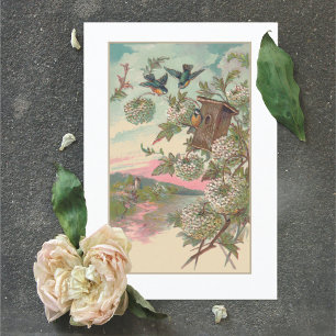 Vintage Blauwe Vogelhuis Hydrangea Verjaardag Kaart