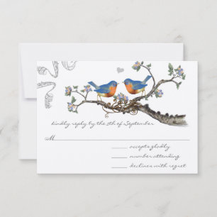 Vintage Blauwe Vogels Bloeiende Tak Bruiloft RSVP Kaartje